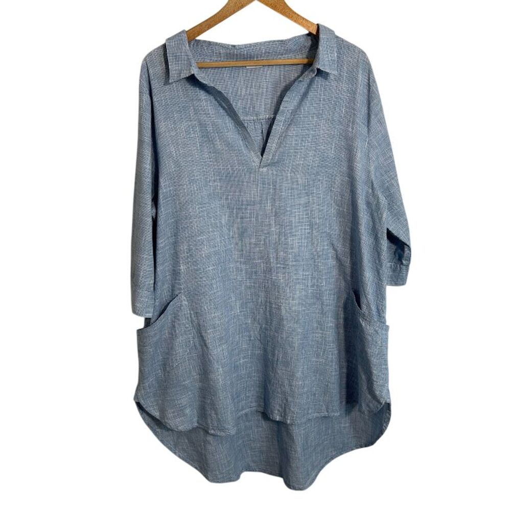 Tulip Clothing Popover Tunic Top Shirt XL Blue Pockets Lagenlook Collar Grid